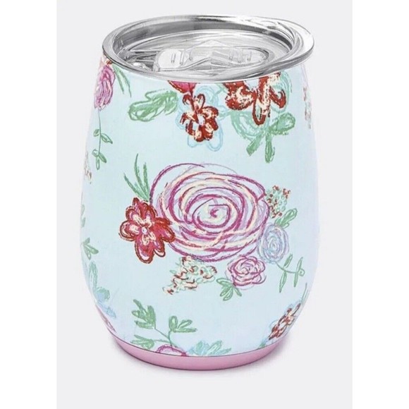 NEW Matilda Jane Be Merry Wine Tumbler Blue w/Pink Floral with Lid - Picture 2 of 8